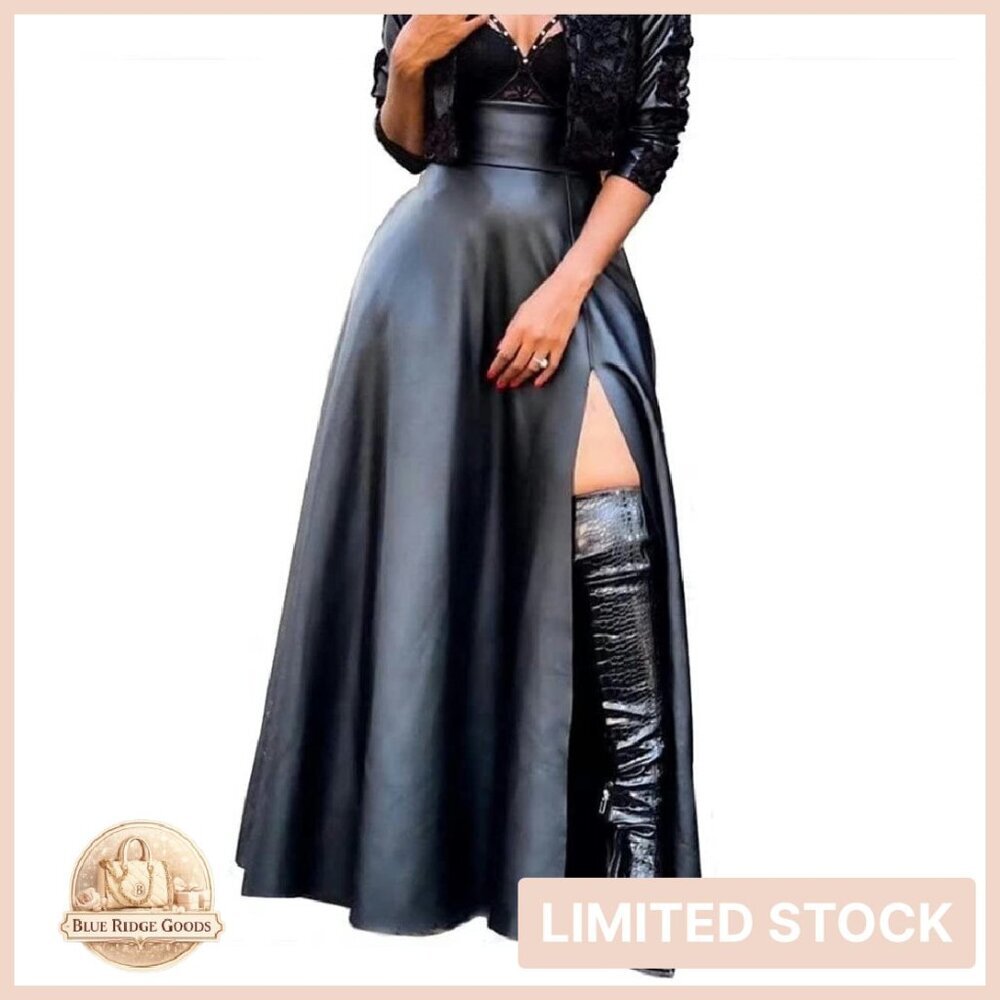 High Waisted PU Leather Maxi Skirt Vintage Elegant A-Line Swing with Pockets